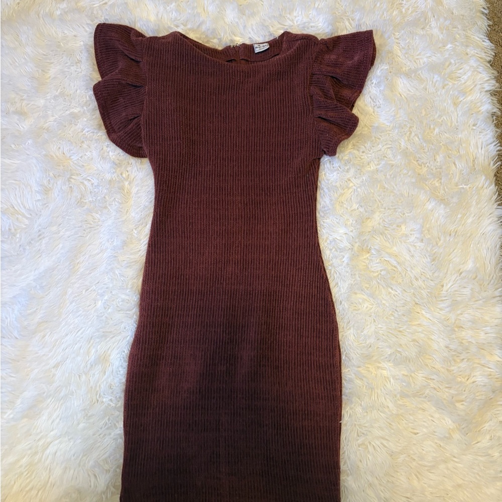 Angel Biba Ruffled Sleeve Mini Dress in Rich Burgundy